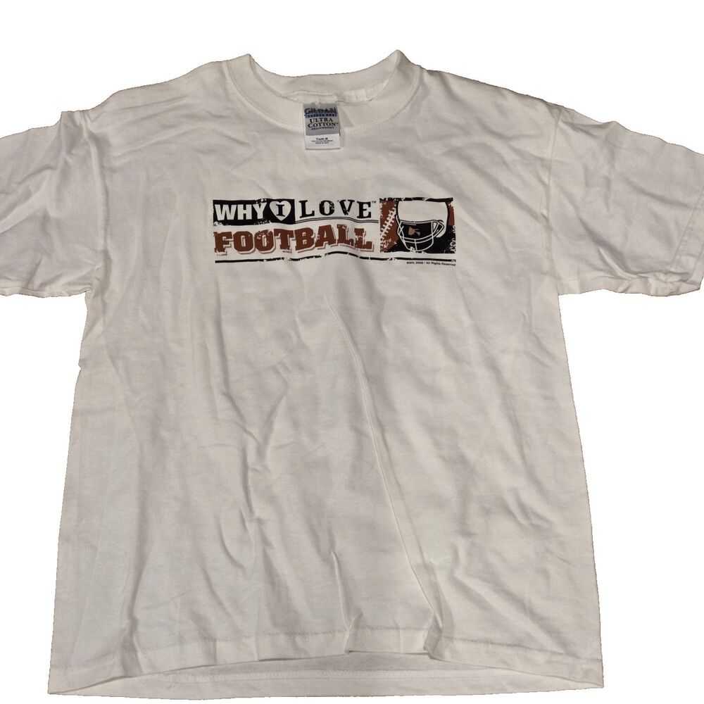 Gildan White Short Sleeve T-Shirt Why I Love Football Boys Youth Size Small NWOT